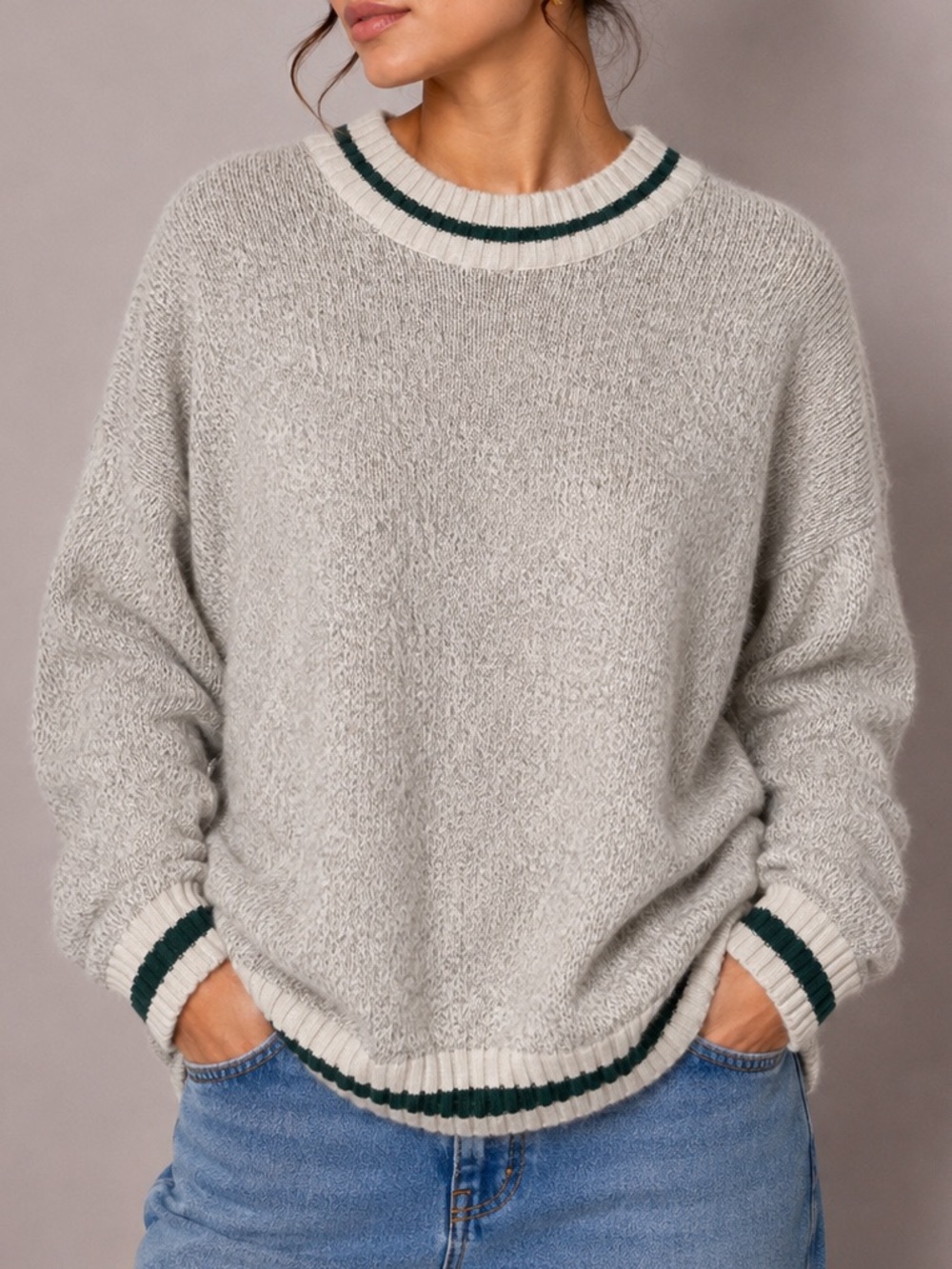 WindRiver Sweater Crewneck Wool Cotton Gray Heather With Green Stripe Warm